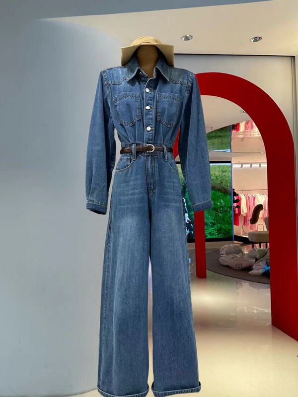 Missier Sheep 2024 New Vintage European Style Long-Sleeved High-Waisted Denim Jumpsuit Wide-Leg Pants Trendy
