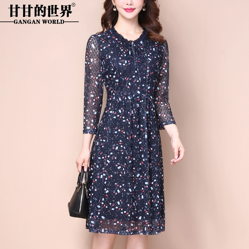 【Váy lưới in】 Váy lưới mùa thu ren mới của Gan Gan dài vừa và nữ - Váy eo cao