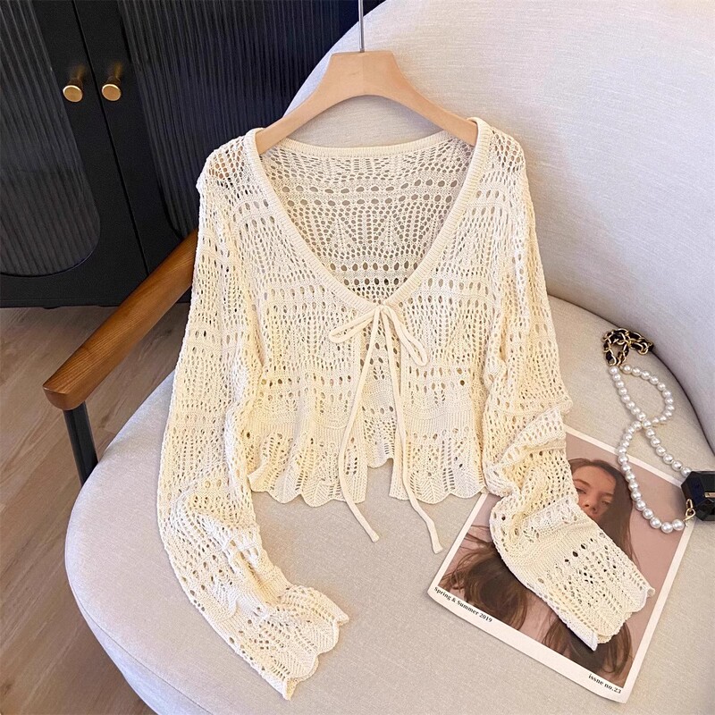 White Hollow-Out Crochet Linen Knit Tie-Up Long-Sleeve Sun Protection Cardigan Shawl Women's Summer Outerwear Ice Silk Top White Hollow-Out Crochet Linen Knit Tie-Up Long-Sleeve Sun Protection Cardigan Shawl Women's Summer Outerwear Ice Silk Top