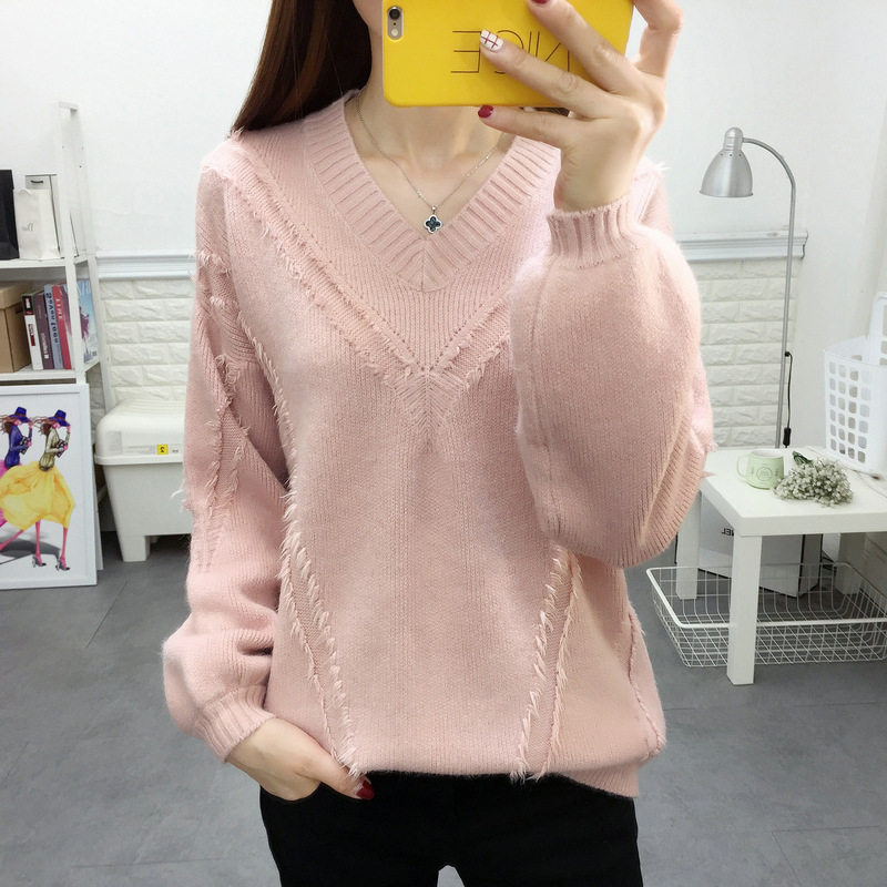 Lazy wind V-neck temperament female pullover net red sweater Korean version loose thin wild Western style knitted sweater top