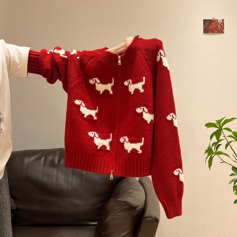 Red Jacquard New Year Atmosphere Double-Zip Sweater Cardigan for Women, New Autumn and Winter Style, Round Neck Knitted Short Jacket Red Jacquard New Year Atmosphere Double-Zip Sweater Cardigan for Women, New Autumn and Winter Style, Round Neck Knitted Short Jacket