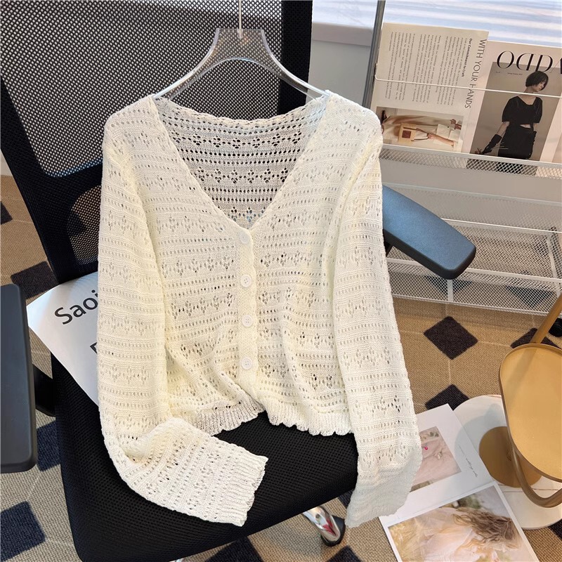 White Ice Silk Knitted Hollow-Out Sun Protection Cardigan Jacket for Women, Thin Long-Sleeved Top for Summer and Autumn, Paired with a Slip Dress White Ice Silk Knitted Hollow-Out Sun Protection Cardigan Jacket for Women, Thin Long-Sleeved Top for Summer and Autumn, Paired with a Slip Dress
