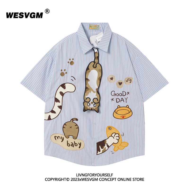 Wesvgm Japanese Retro Fun Cat Embroidery Striped Tie Short-Sleeve Shirt Unisex Loose Design Top Wesvgm Japanese Retro Fun Cat Embroidery Striped Tie Short-Sleeve Shirt Unisex Loose Design Top