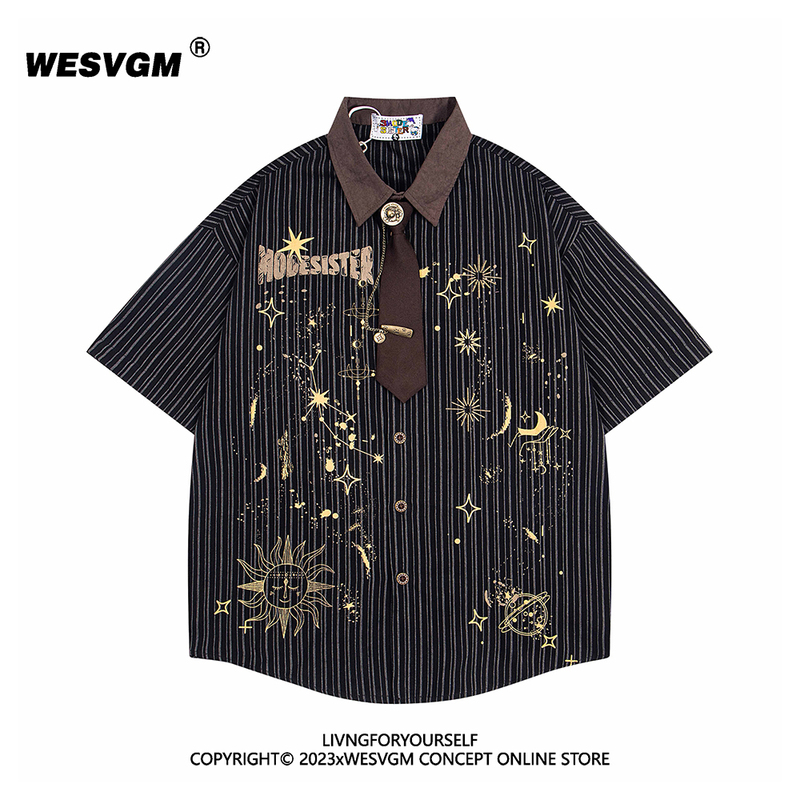 Wesvgm Summer Retro Starry Sky Print Vertical Striped Tie Short-Sleeved Shirt Unisex Loose Trendy Brand Shirt