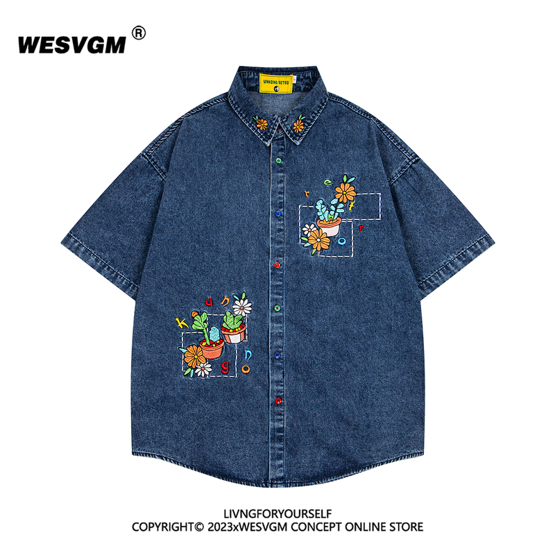 Wesvgm Summer Retro Floral Embroidered Washed Denim Short-Sleeve Shirt for Men and Women, Loose and Versatile Casual Shirt Trend