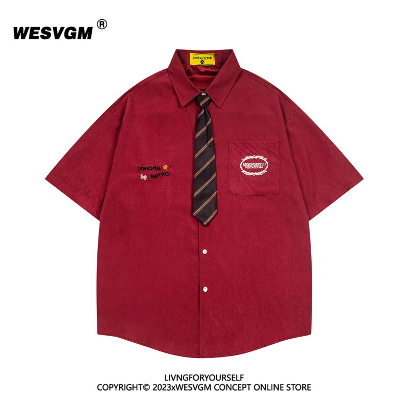 Wesvgm2026 Summer American Retro College Style Embroidered Tie Short-Sleeve Polo Collar Shirt Top Unisex Trendy