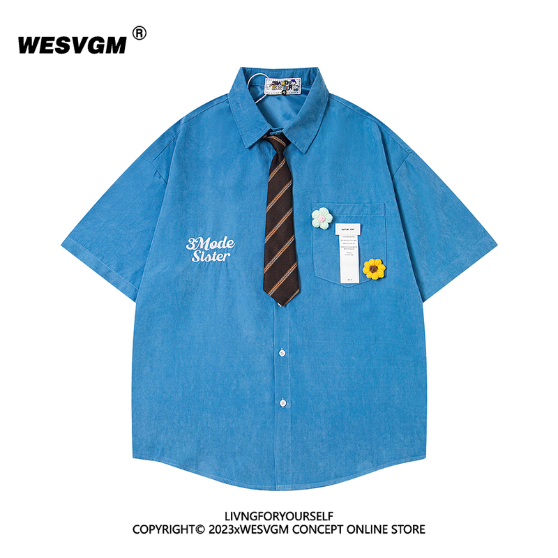 Wesvgm Design-Focused Niche Pin Flower Tie Short-Sleeve Shirt for Men and Women, Summer Hong Kong Style Loose Half-Sleeve Top Wesvgm Design-Focused Niche Pin Flower Tie Short-Sleeve Shirt for Men and Women, Summer Hong Kong Style Loose Half-Sleeve Top