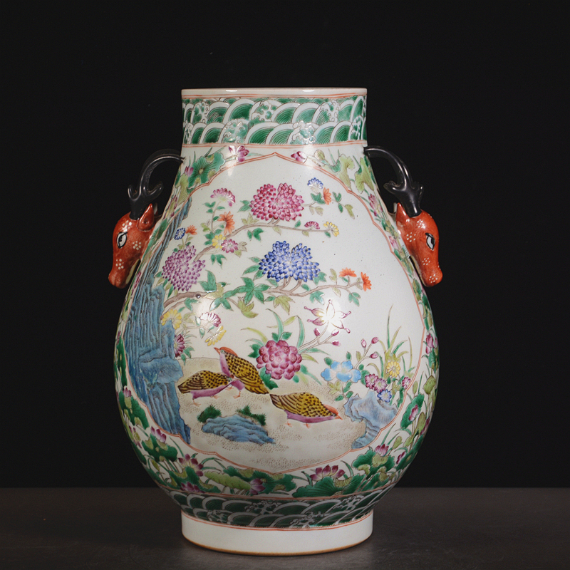 清代乾隆粉彩花鸟鹿耳尊文玩古董收藏真品书房办公室中式瓷器摆件