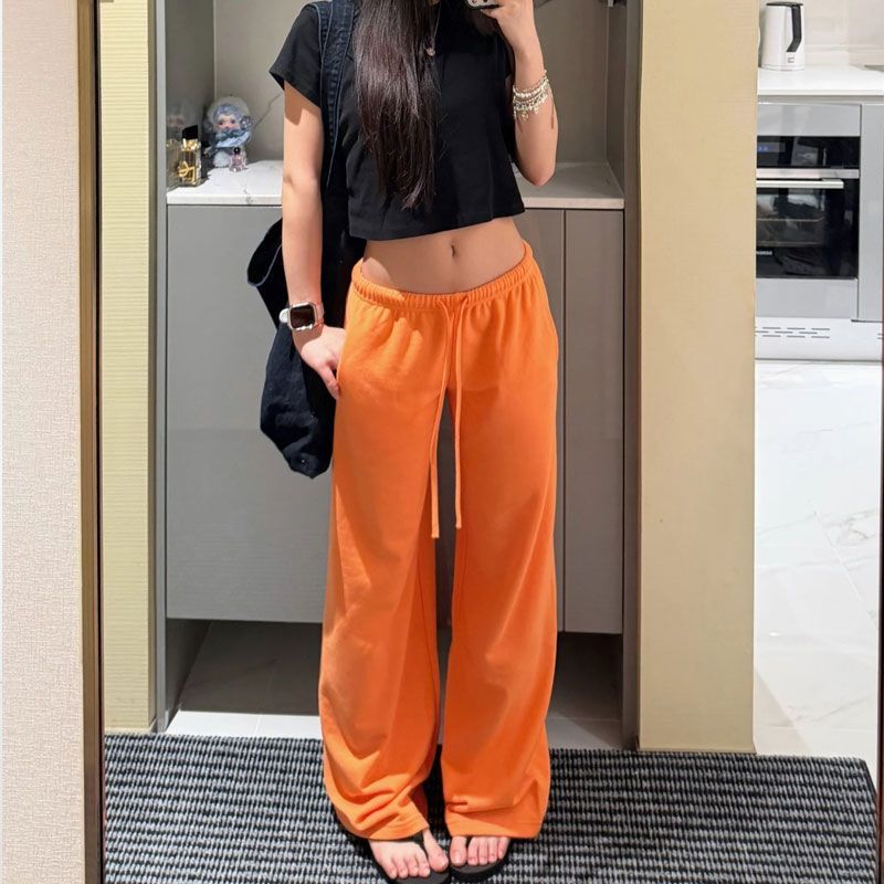 【Thin Terry Cotton】Ins Summer Hot-Selling Bm Style Retro Spicy Girl Low-Waist Drawstring Straight Loose Casual Pants 【Thin Terry Cotton】Ins Summer Hot-Selling Bm Style Retro Spicy Girl Low-Waist Drawstring Straight Loose Casual Pants