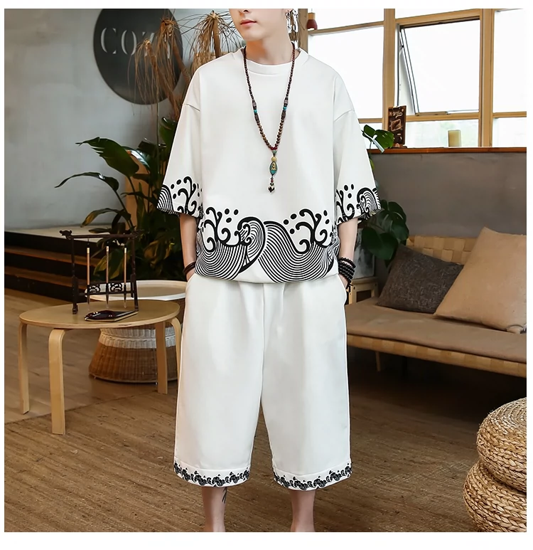 Trung quốc phong cách nút T-Shirt ngắn tay phù hợp với thiền phù hợp với bông linen linen mỏng phong cách Trung Quốc phong cách cổ xưa Tang phù hợp với nam giới quần áo