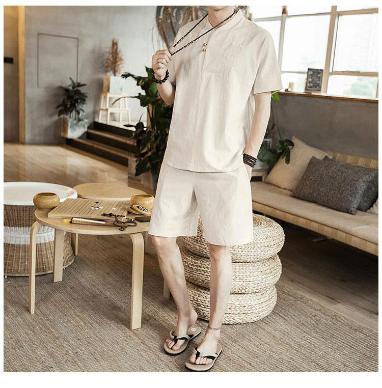 Trung quốc phong cách nút T-Shirt ngắn tay phù hợp với thiền phù hợp với bông linen linen mỏng phong cách Trung Quốc phong cách cổ xưa Tang phù hợp với nam giới quần áo