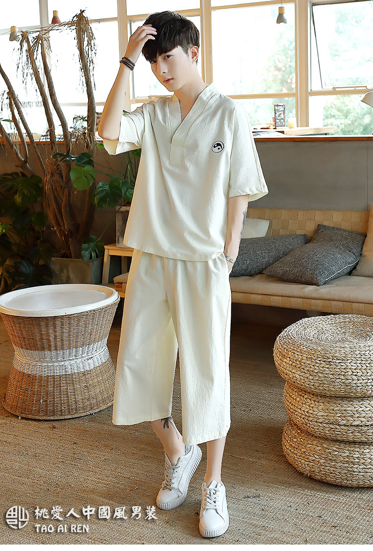 Trung quốc phong cách nút T-Shirt ngắn tay phù hợp với thiền phù hợp với bông linen linen mỏng phong cách Trung Quốc phong cách cổ xưa Tang phù hợp với nam giới quần áo