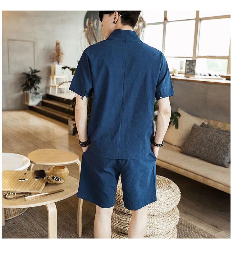 Trung quốc phong cách nút T-Shirt ngắn tay phù hợp với thiền phù hợp với bông linen linen mỏng phong cách Trung Quốc phong cách cổ xưa Tang phù hợp với nam giới quần áo