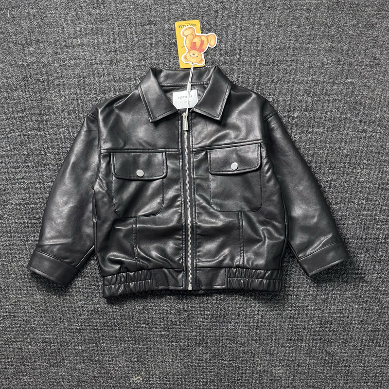 Off-Season Special Teddy Bear Leather Jacket for Boys and Girls, Spring and Autumn Style, Children's Motorcycle Leather Jacket, Cool and Stylish Top