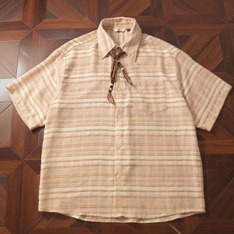Kblc Retro 140g Cotton-Feel Yarn-Picking Texture Pink and White Striped Short-Sleeved Shirt for Men and Women, Relaxed Fit Shirt