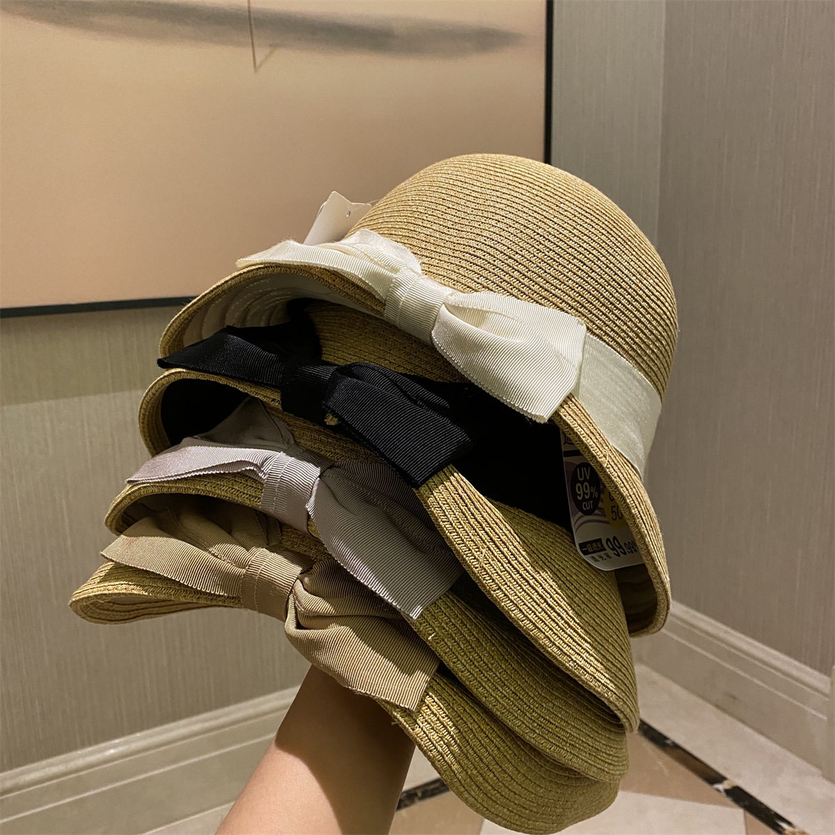 Japanese Official Website Same Style Bow Straw Hat for Women Summer Anti-Uv Fisherman Hat Sun Protection Sun Hat