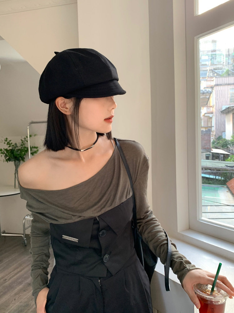 Black Octagonal Painter's Hat for Women, Korean Style, Makes the Face Look Smaller, Beret Hat, Japanese Style, Large Head Circumference, Beret Hat for Autumn and Winter, Trendy on Instagram