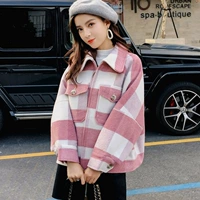 Mùa thu và mùa đông phiên bản mới của Hàn Quốc áo len nữ ngắn phần cashmere màu hồng kẻ sọc đơn áo len áo khoác nữ