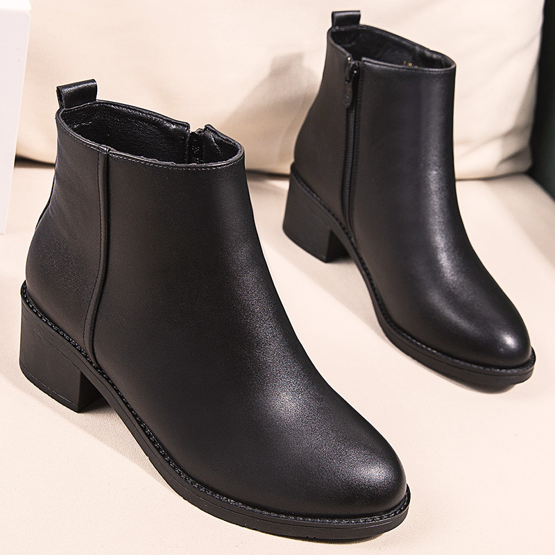 Autumn and Winter Thick-Heeled Fleece-Lined Warm Short Boots for Women, Black Work Shoes, Mid-Heel Leather Boots, Work Boots, Professional Women's Shoes, Leather Shoes