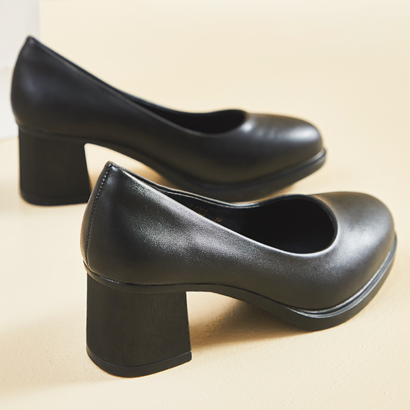 Shallow Mouth, Chunky Heel 5.5cm Black Work Shoes, Round Toe, Soft Sole, Silent Women's Leather Shoes, Professional All-Black Commuting High Heels