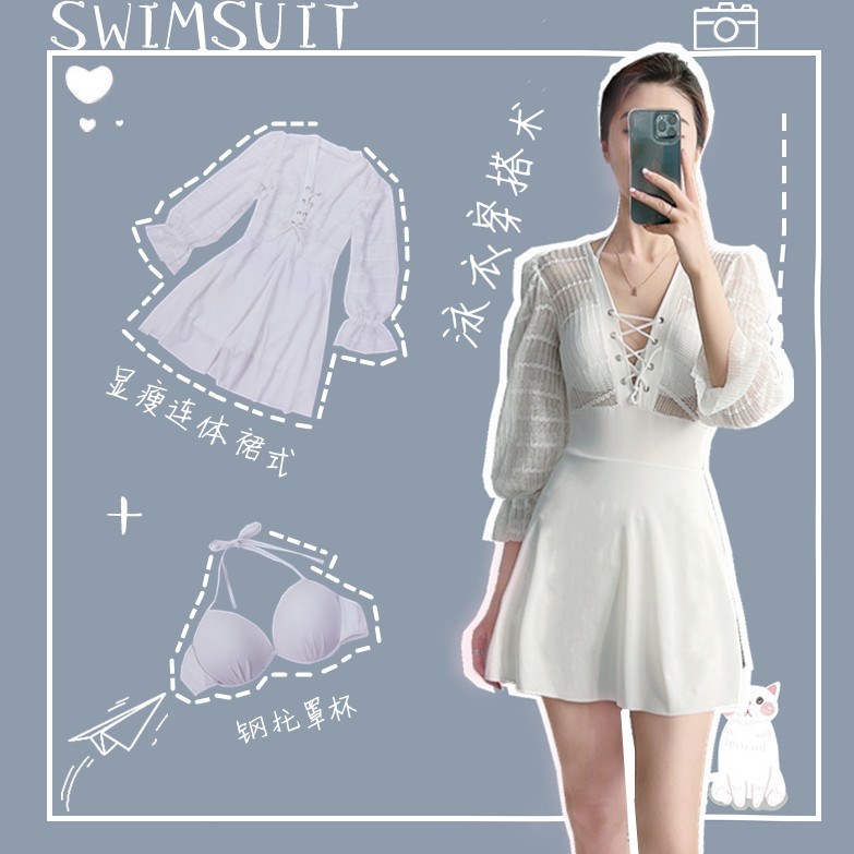 Hot spring swimsuit winter two-piece one-piece sexy show thin cover belly fat girl mother skirt summer white long sleeves