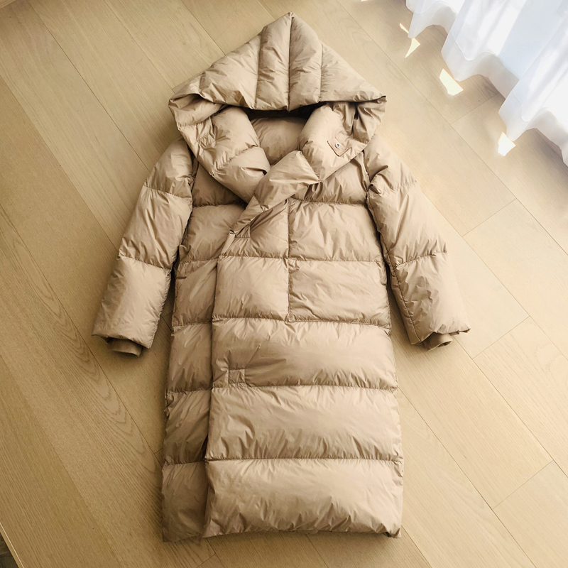 Off-Season Clearance Original Goose Down! New Autumn and Winter Hooded Thickened Straight Mid-Length Over-The-Knee White Goose down Jacket for Women