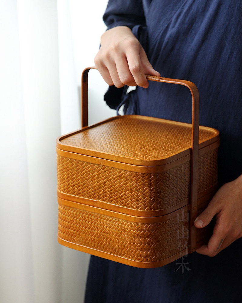 Mountain Mountain Bamboo Wood Day Style Bamboo Chronicler Collection Basket Lacquer Craft Gift Pendulum Decoration Tea Set Containing Box Saucer Snack Bowl Mooncake Gift Box