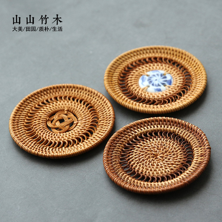 Shanshan bamboo coaster rattan handmade purple clay pot round cup holder heat insulation pad anti-scalding pad pad kung fu tea ceremony