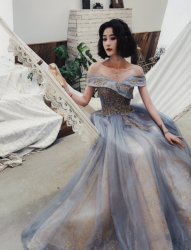 High-End Gold-Gray Alice Room Palace-Style Tutu Dress, Off-Shoulder Evening Dress, Annual Party Evening Gown, Bridal Wedding Dress