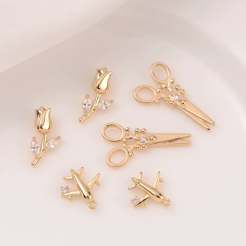 Цирконий, ножницы с розой в составе, самолет, подвеска ручной работы, ожерелье, браслет, 14 карат, золотой цвет, «сделай сам»