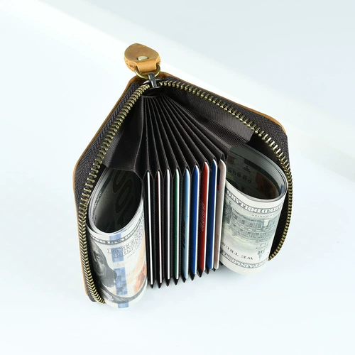 Ретро кожаный бумажник с молнией, вместительный и большой орган, картхолдер, из натуральной кожи