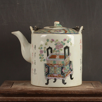 Qing Tongzhi hand-painted Bogu pattern handle teapot antique antique Jingdezhen old factory porcelain collection practical teapot