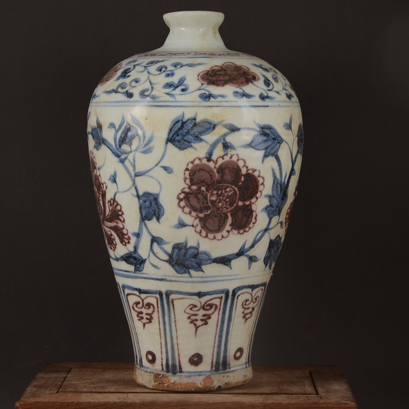 Meta-dynasty hand painted green flower glazed in red plum bottle Jingdezhen imitation ancient goods Ceramics Ancient Play Antique Pendulum Porcelain Boutique-Taobao