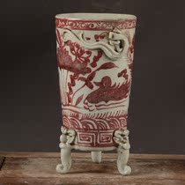 Meta-Generation Glazed Red Hand Painted Mandarin Duck Show Sailor Pinching High-Footed Coke Cup Mug Pendulum Pieces Ancient Play Antique Imitation Antique Porcelain