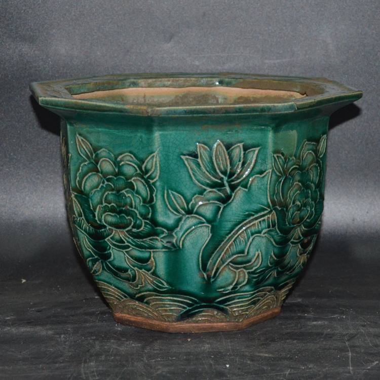 Ancient play ancient porcelain collection Jingdezhen ceramic color glazed green glaze large number round belly 8 Fang flower pot swaying pieces-Taobao