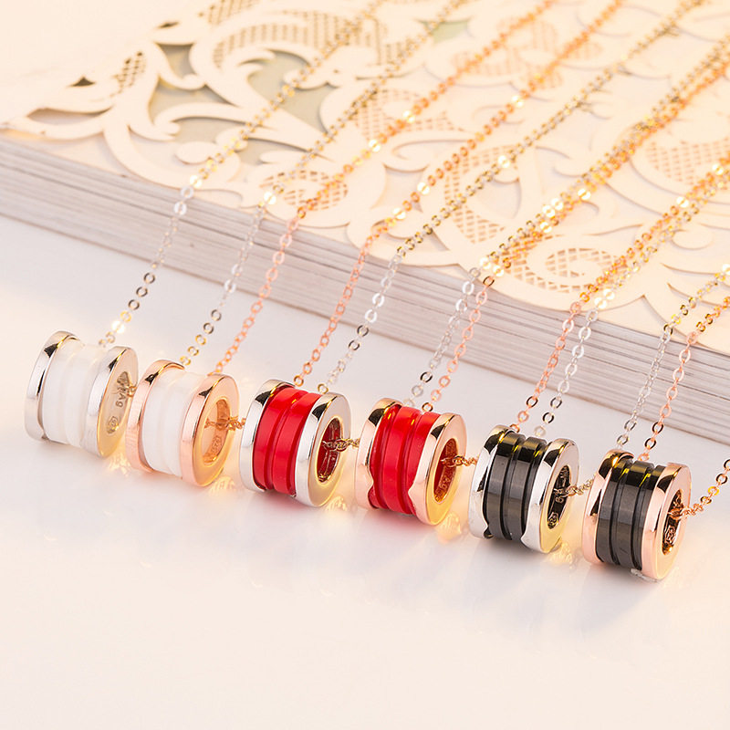 s925 Pure Silver Small Red Man Necklace Plated 18k Rose Gold Daughter Treasure House Black & White Ceramic Pendant Lock Bone Chain Jewellery