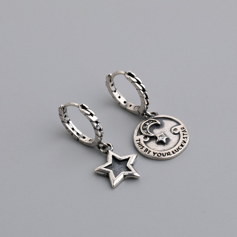 South Korea's Dongdaemun New S925 pure silver asymmetrical pentagram moon earrings inlaid with Thai silver star lunar ear button