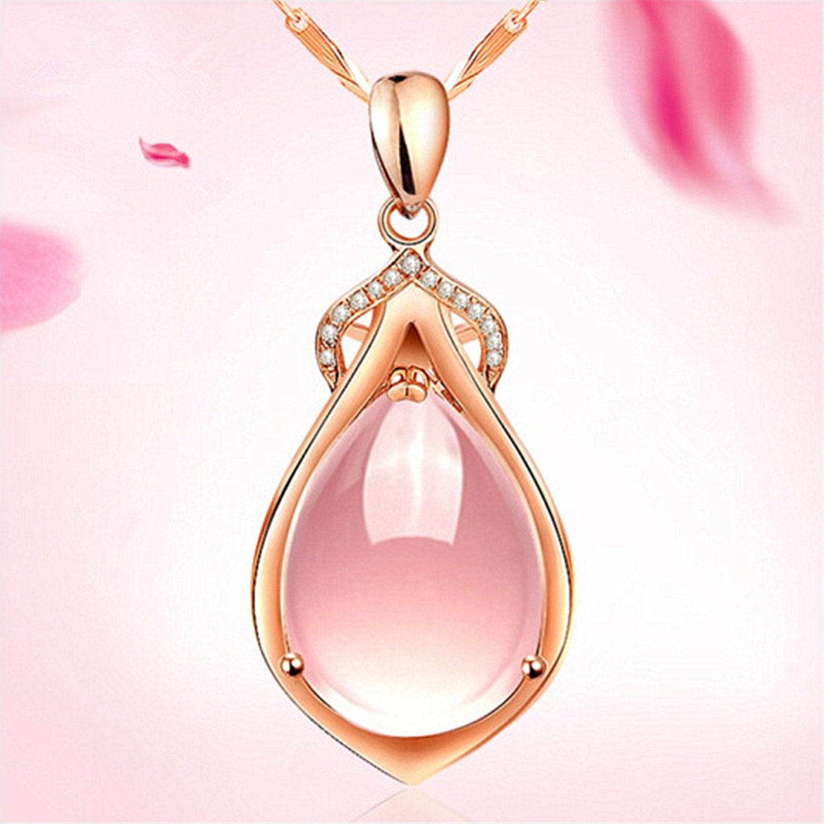 Korean version silver necklace pink crystal hibiscus stone collarbone chain female rose gold pendant collarbone chain to send girlfriend Christmas present