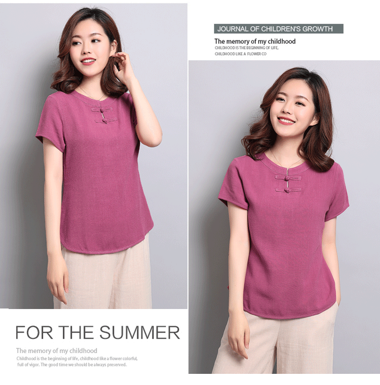 Áo cotton và vải lanh cho nữ Áo ngắn tay mùa hè của mẹ mới Áo phông đơn giản có khóa rộng - Áo phông áo phông đôi cho bạn thân nữ