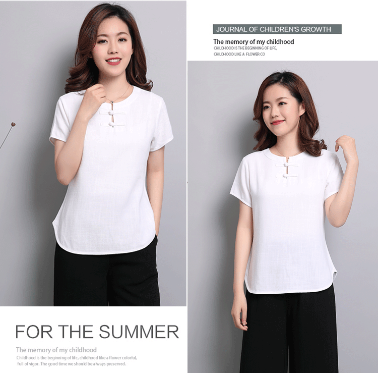 Áo cotton và vải lanh cho nữ Áo ngắn tay mùa hè của mẹ mới Áo phông đơn giản có khóa rộng - Áo phông áo phông đôi cho bạn thân nữ