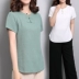 Áo cotton và vải lanh cho nữ Áo ngắn tay mùa hè của mẹ mới Áo phông đơn giản có khóa rộng - Áo phông