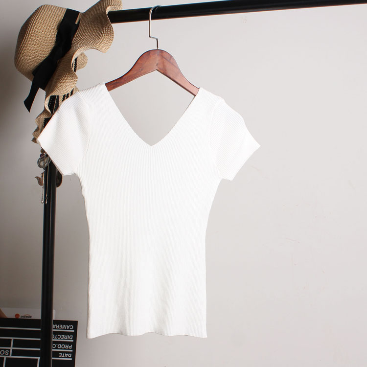 Mùa hè mỏng băng lụa áo len đôi V-Cổ lại mỏng Slim mỏng đáy áo ngắn tay của phụ nữ T-Shirt màu rắn áo sơ mi ngắn ao len nu
