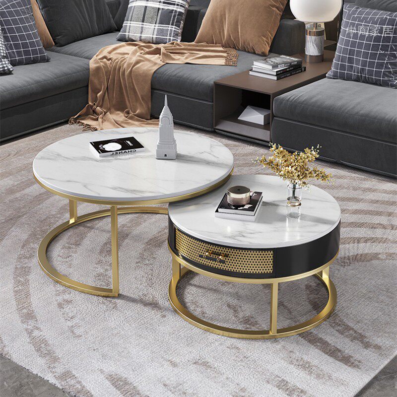 Italian style light luxury wind rock plate coffee table round simple modern combination net red living room home hotel telescopic coffee table small