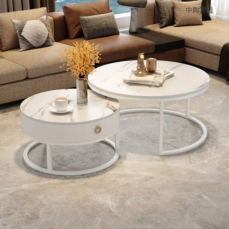 Net red cream wind rock plate coffee table round simple modern light luxury combination living room home retractable steel frame tea table