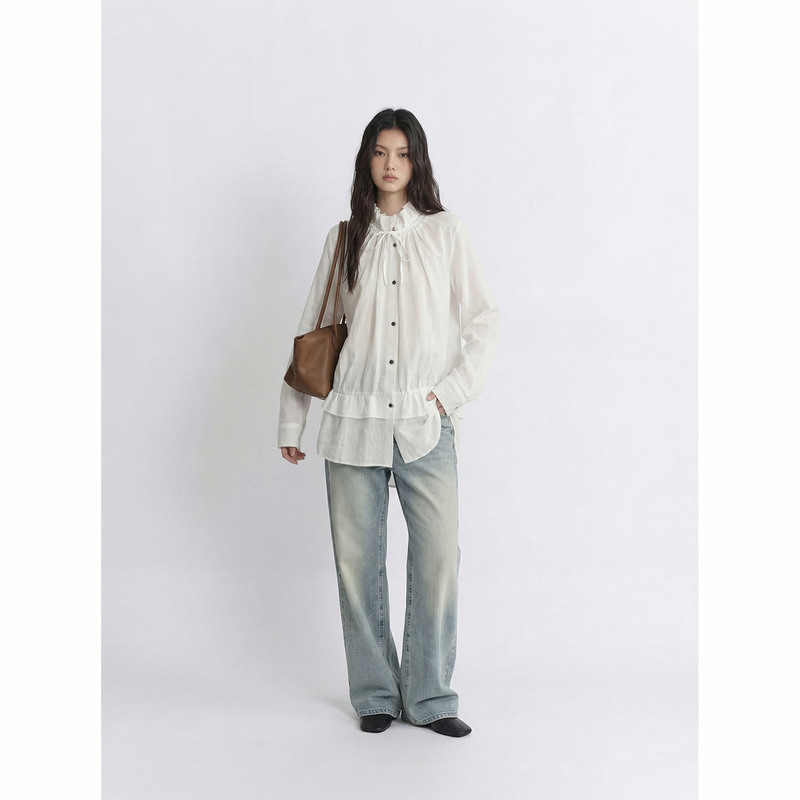 Melittlewei Fairy-Style Fujisaki Tree Vine Sister's Same Style, Silk Craftsmanship, Deconstructed Feel, Clear and Transparent 100% Linen Shirt