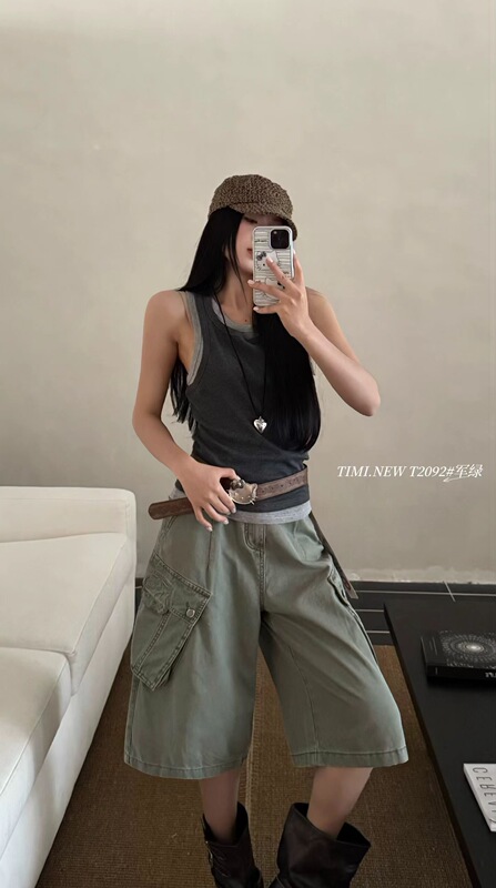Timi2092 Military Green Workwear Wide-Leg Cropped Pants for Women 2026 New Style Hip-Covering Large Pocket Casual Cropped Pants Timi2092 Military Green Workwear Wide-Leg Cropped Pants for Women 2026 New Style Hip-Covering Large Pocket Casual Cropped Pants