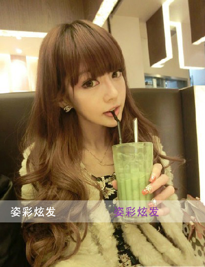 时尚女 卷 蓬松 齐 斜刘海短发 长卷发假发套自然逼真梨花头生长