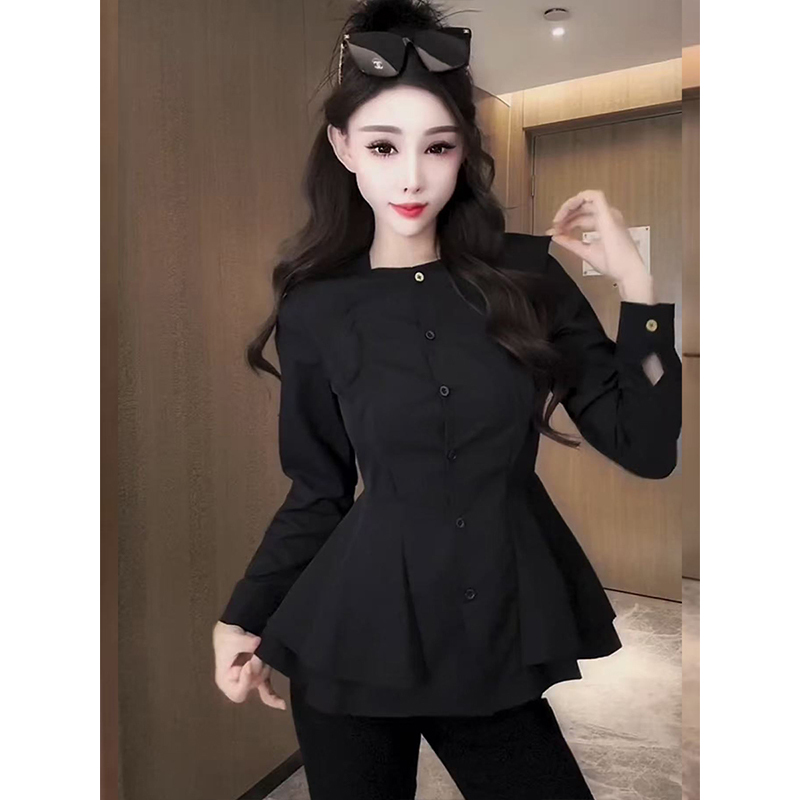 Super Slimming European Style Solid Color Ruffled Waist-Cinching Shirt for Women, 2026 Autumn and Winter New Versatile Long-Sleeve Base Shirt Top