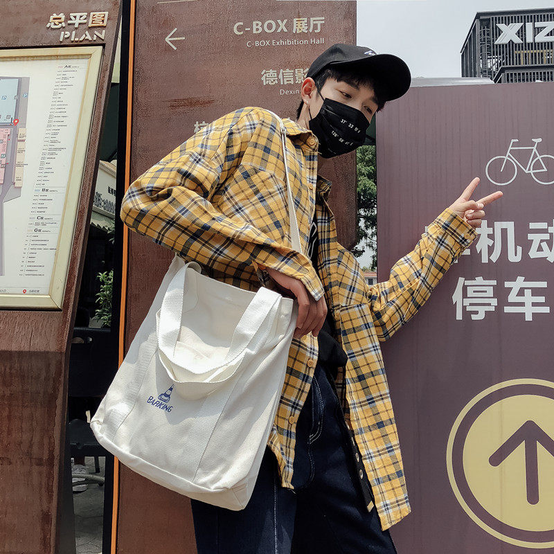 Men's literary canvas bag Large capacity ins wind hand carry simple totter bag Wild student couple oblique cross shoulder bag