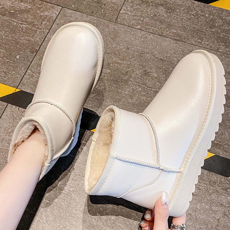 Leather snow boots women's fur one short tube boots 2021 winter new cotton shoes women plus velvet padded bread shoes